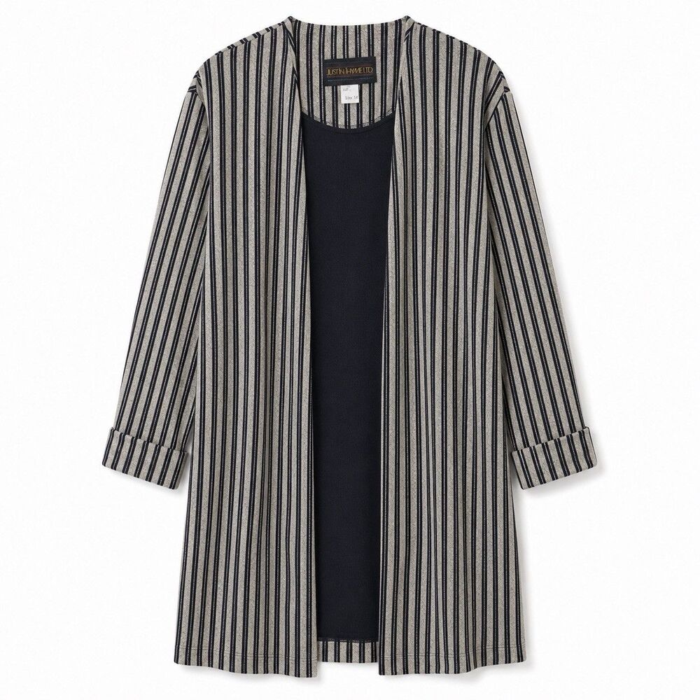 Just In Thyme Ltd Vintage Jacket Women's 16 Black Striped Open Front Knit USA